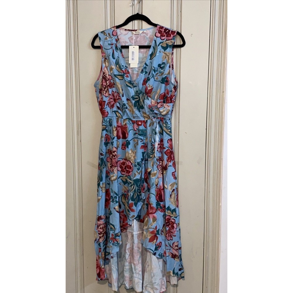 Kormei Women’s Sleeveless V- Neck Floral Rayon Stretch Split Maxi Dress Sz L